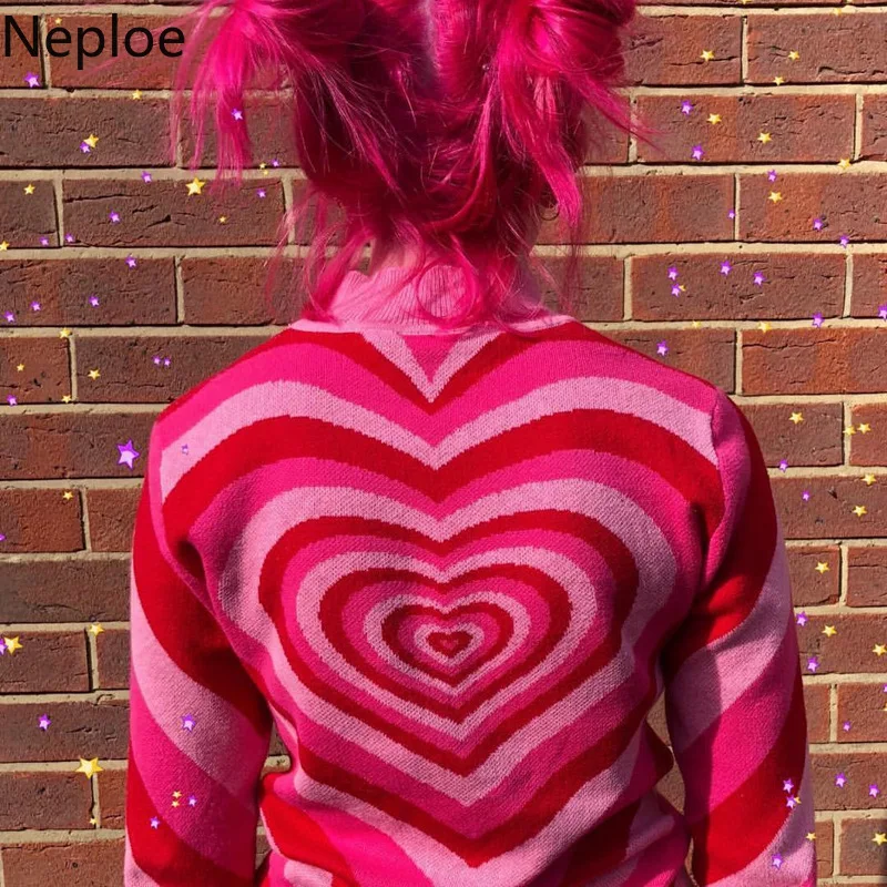 Neploe Love Heart Pattern Sweater Women Color Matching Rainbow Half Turtleneck Pullover Jumper Autumn Slim Knitted 80292 | Женская