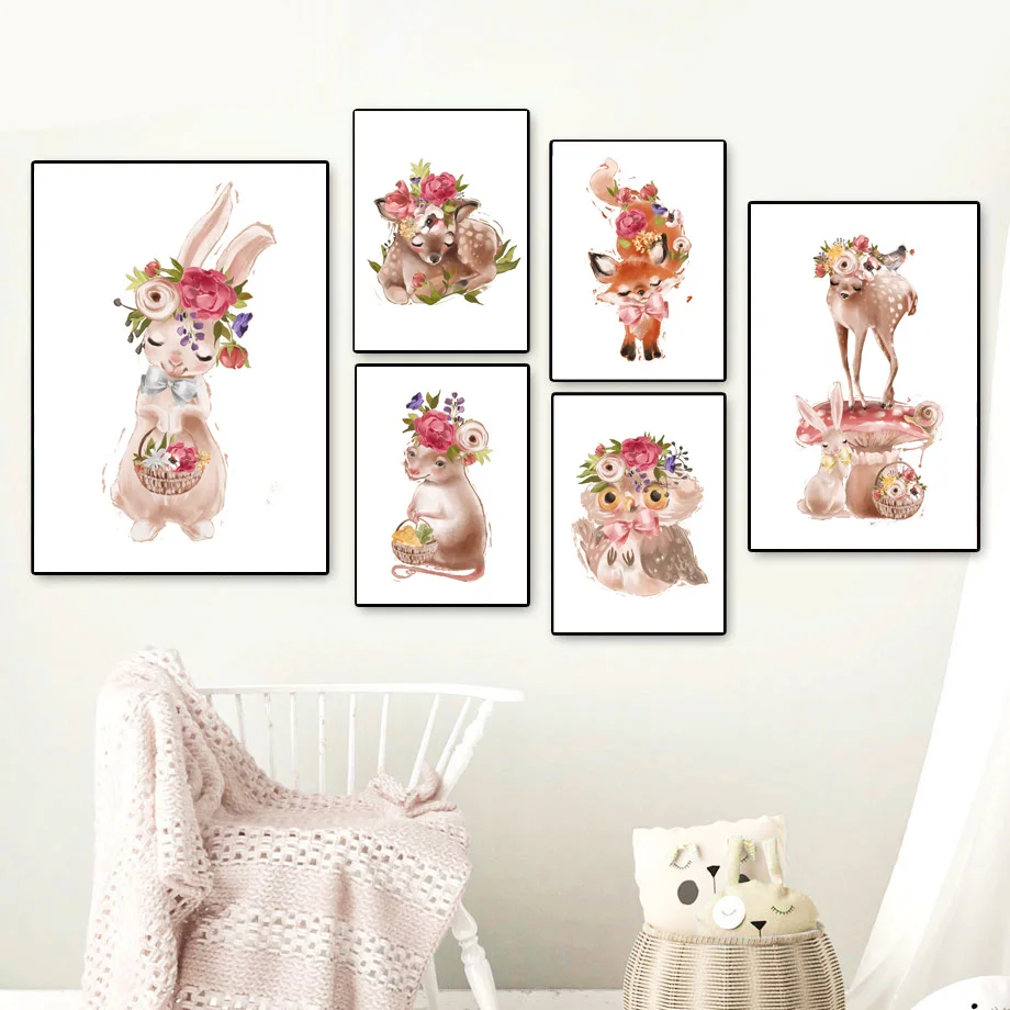 Кролик олень лиса Сова мышь цветок детская настенная живопись холст