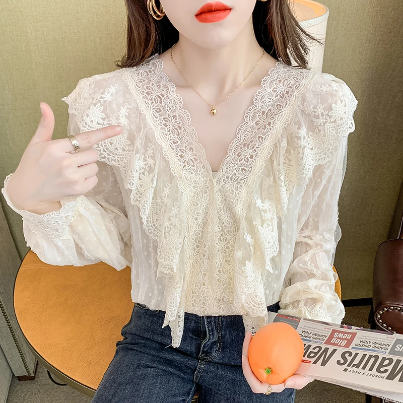 

Lace Women's Blouse V-neck Girl's Shirt Spring Autumn Clothing Casual Fashion Solid Long Sleeve Top Lady Blusas Houthion