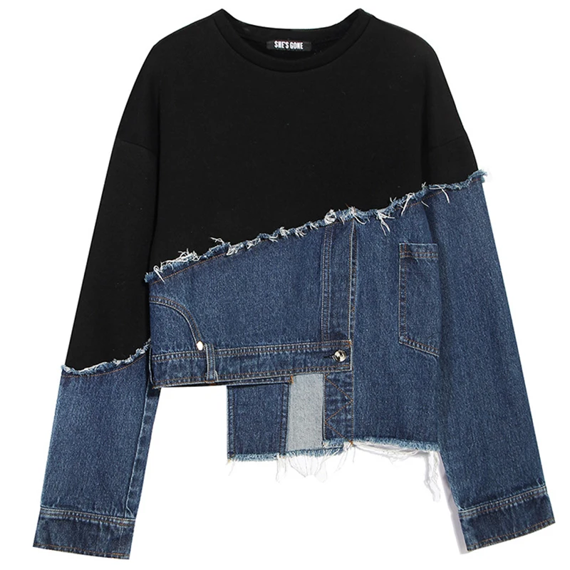 Женская Свободная Толстовка Оверсайз джинсовая Лоскутная Асимметричная