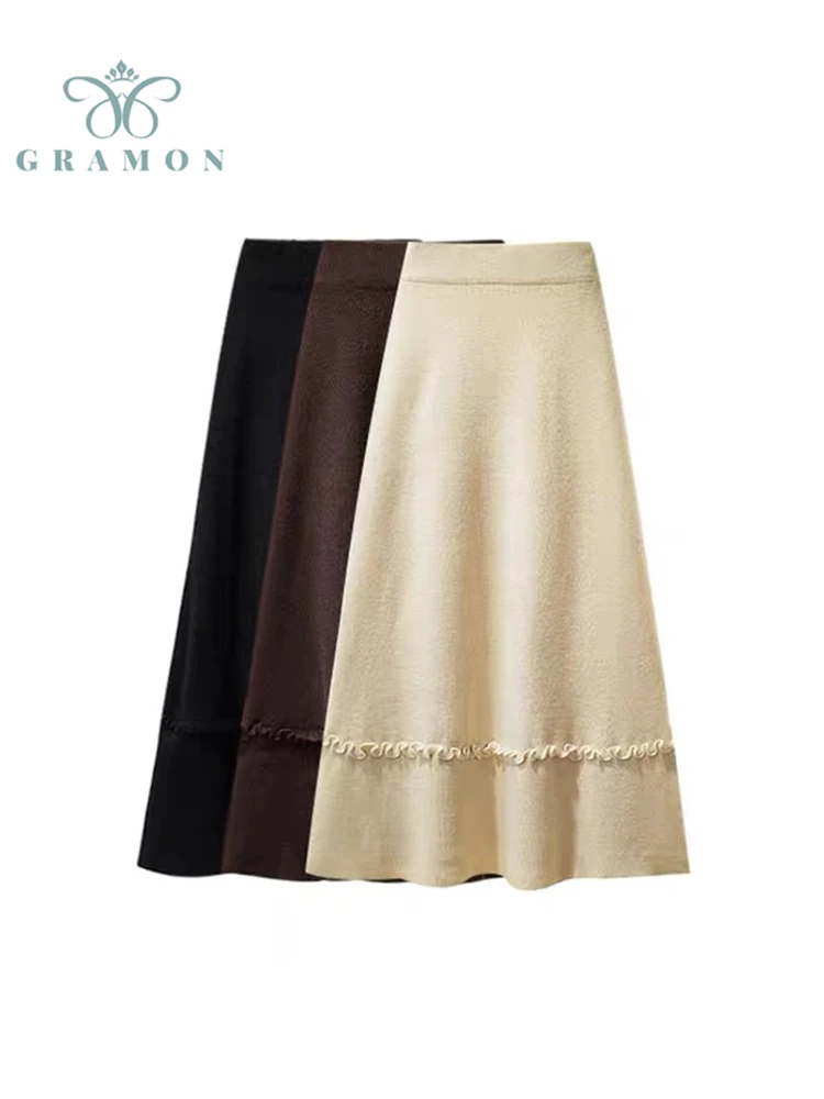

Plus Size Knitted A-line Skirt Female Autumn Winter Korean Fashion New All-Match Solid Color Skirt Thicken High Waist Woman Jupe