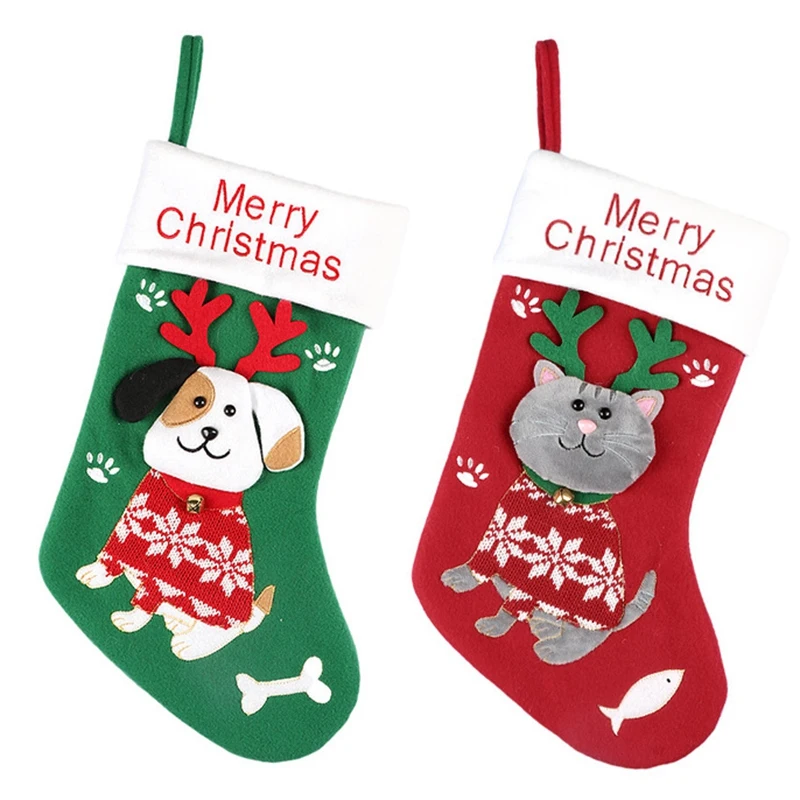

New 2PC Christmas Stockings Sock Cat Dog Elk Navidad New Year Candy Bag Christmas Decoration Christmas Tree Ornaments Party