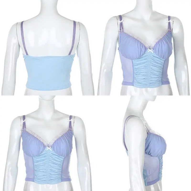 

Женский летний укороченный топ без рукавов, привлекательный прозрачный сетчатый топ в стиле пэчворк с V-образным вырезом, оборками и оборка...