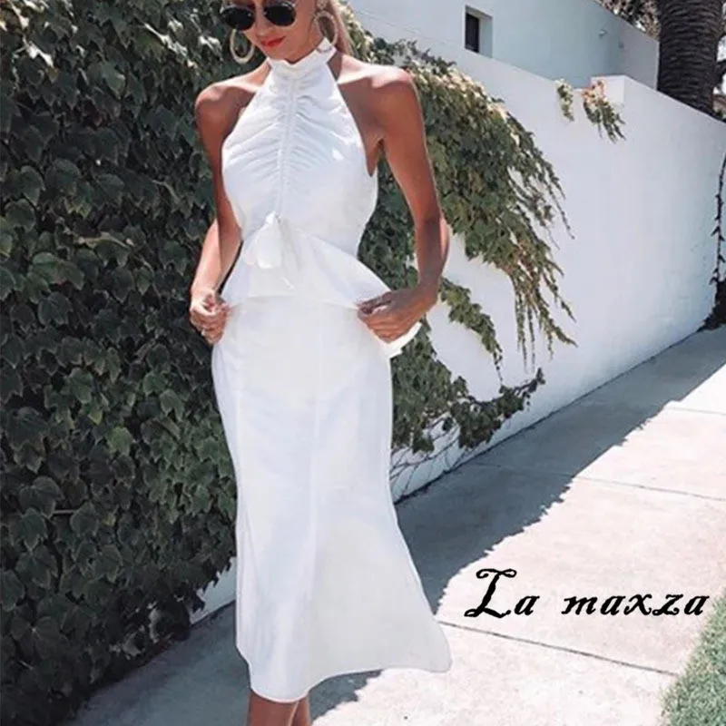 

New Arrival Casual Women Ruffles Maxi Dress 2020 Summer Off Shoulder Backless Slim Dress