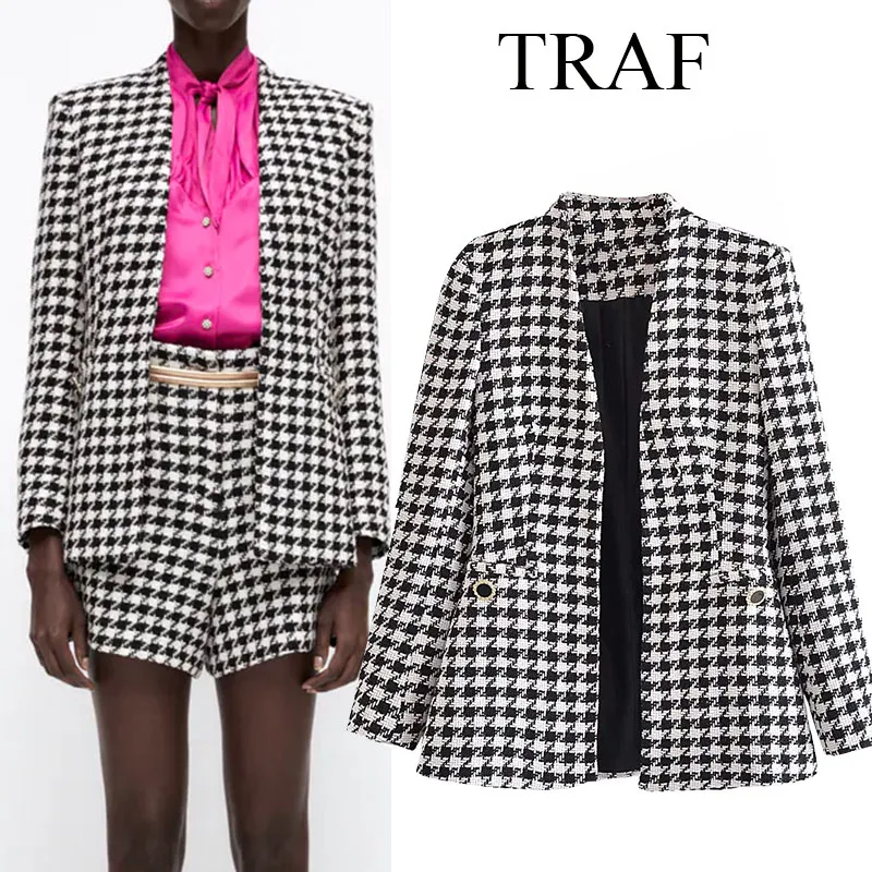 

TRAF ZA Women's Jacket Fashion Houndstooth Tweed Blazers Elegant Office Wear Long Sleeve Pockets Female Outerwear Chic Blazer