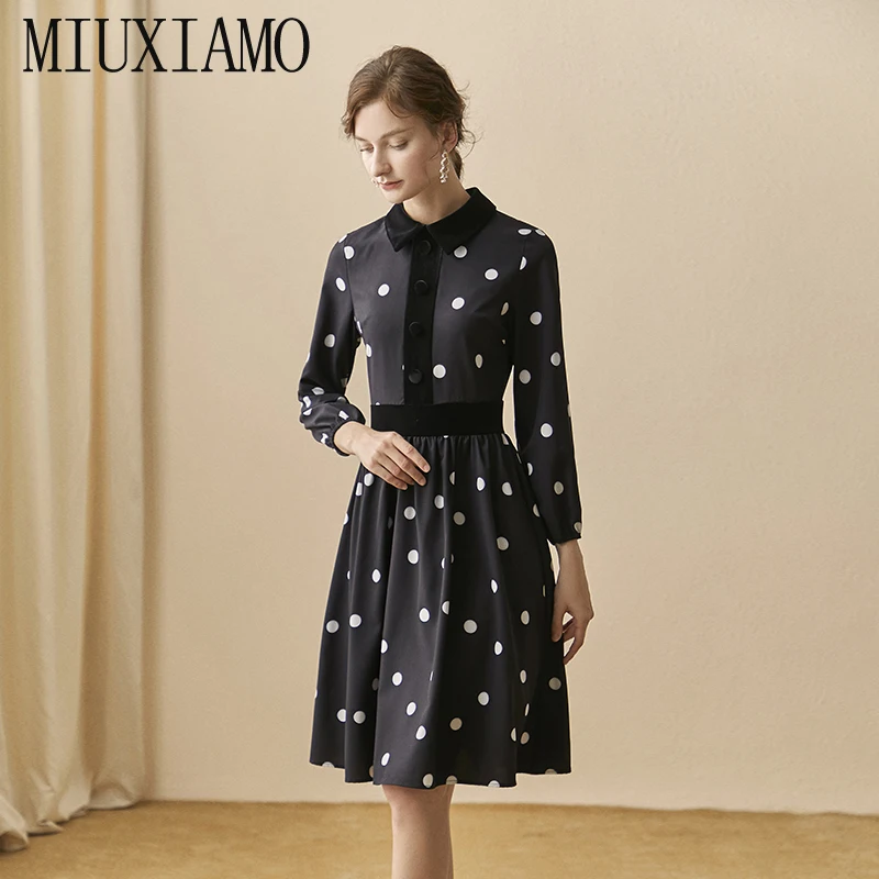 MIUXIMAO осеннее платье, Новое поступление, высокое качество, в горошек, элегантное, до колена, бархатное, черное, Повседневное платье для женщин, Vestidos