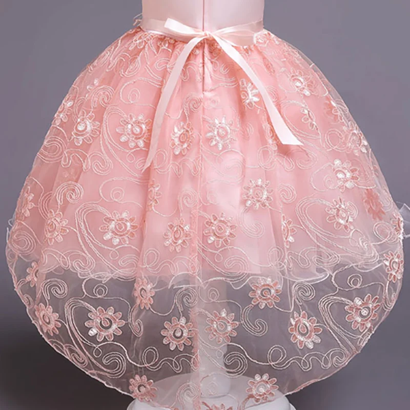 

Flower Girls Dress Illusion Appliques Lace Embroidery Tulle O-Neck Knee-Length Sleeveless Sequined Kids Party Princess Gown F090