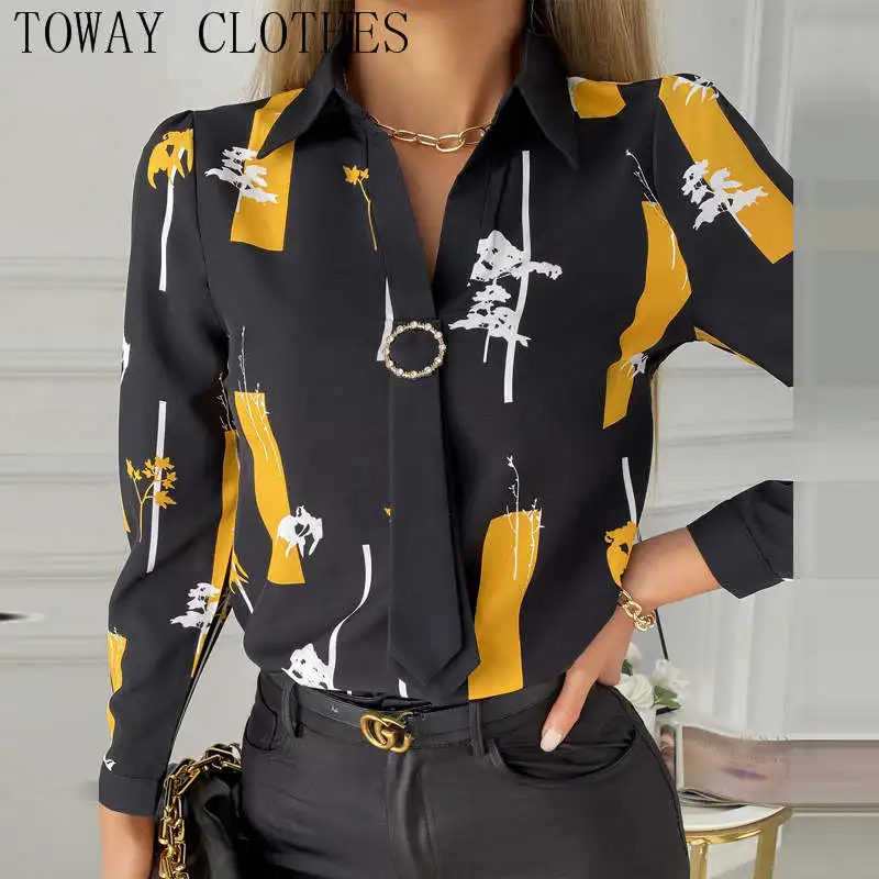 

Women Turn-down Collar Colorblock Puff Sleeve Blouse Elegant Chic Shirt Tops