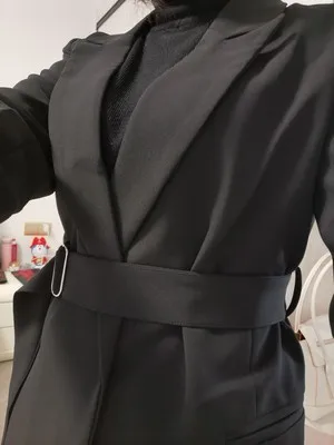 Женский блейзер с поясом повседневный длинный черный цвета хаки в ретро-стиле