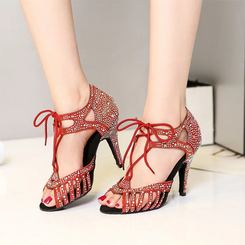 DKZSYIM Shiny Latin Dance Shoes Ladies Ballroom Salsa Dance Shoes Rhinestone Cuban Heels 8.5CM/10CM Wedding Pink Dance Shoes