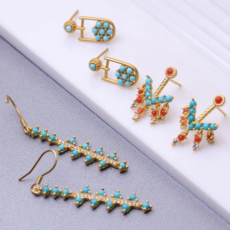 

S925 Silver Fashion Earrings for Women Vintage Ethnicgroup Turquoise Agate Geometry Drop Dangle Earrings Female 2021 Jewelry