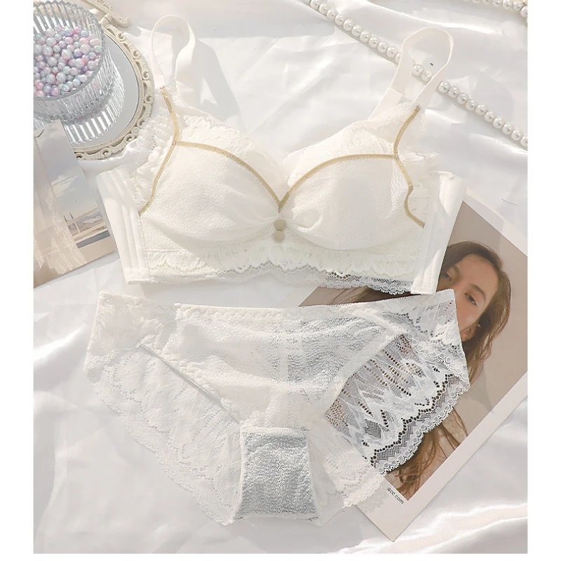 

New Medium Cup Small Chest Set Steel Ring Bra Cover Lace Adjustable Chest Set Women's Underwear