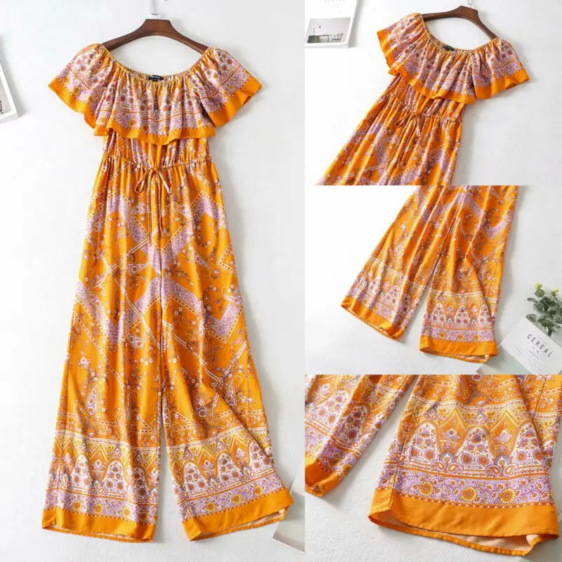 Женский пляжный комбинезон Boho Свободный с открытыми плечами и цветочным принтом