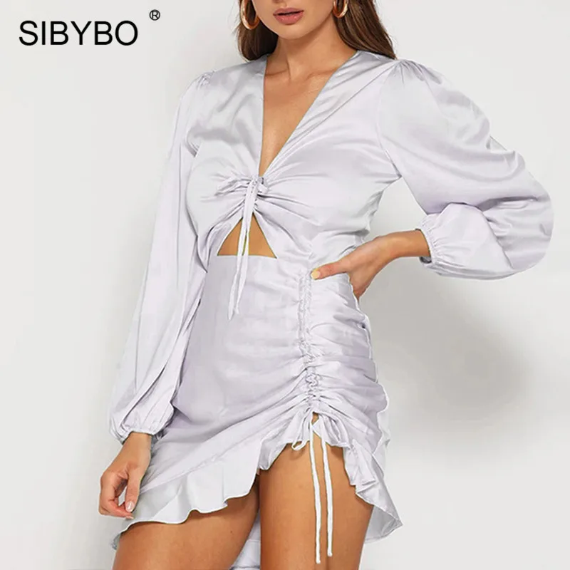 SIBYBO оборками плиссированная полая из вечерние платье Для женщин с длинным рукавом, v-образный вырез, сексуальное мини-платье ассиметричного кроя женские Повседневное платья