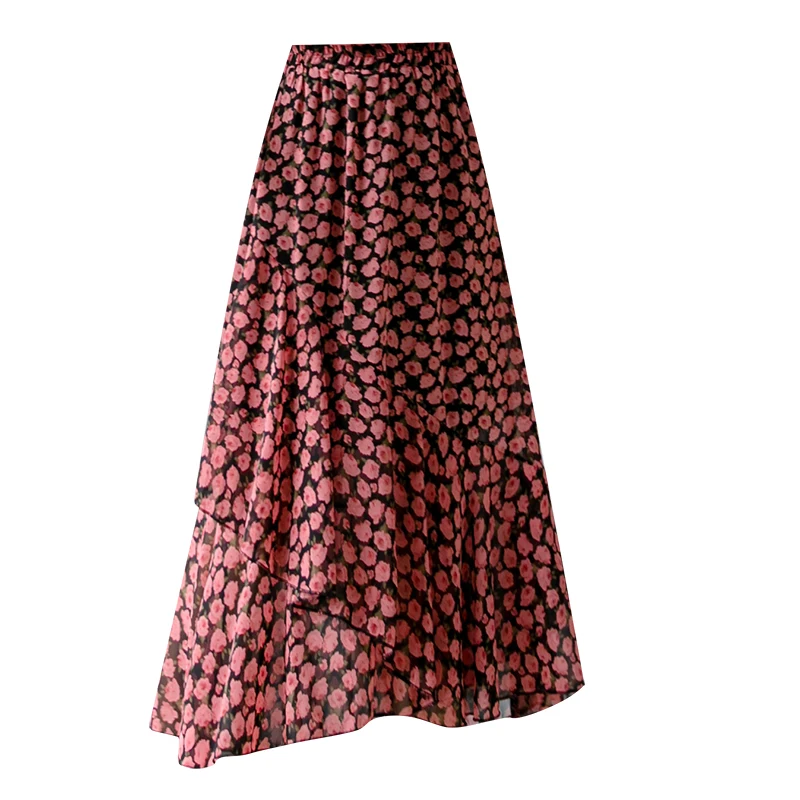 

Summer Korean Fashion Vintage Chiffon Floral Print A-line Pleated Long Skirts Women Skirt Elastic High Waist Midi Skirt Lined