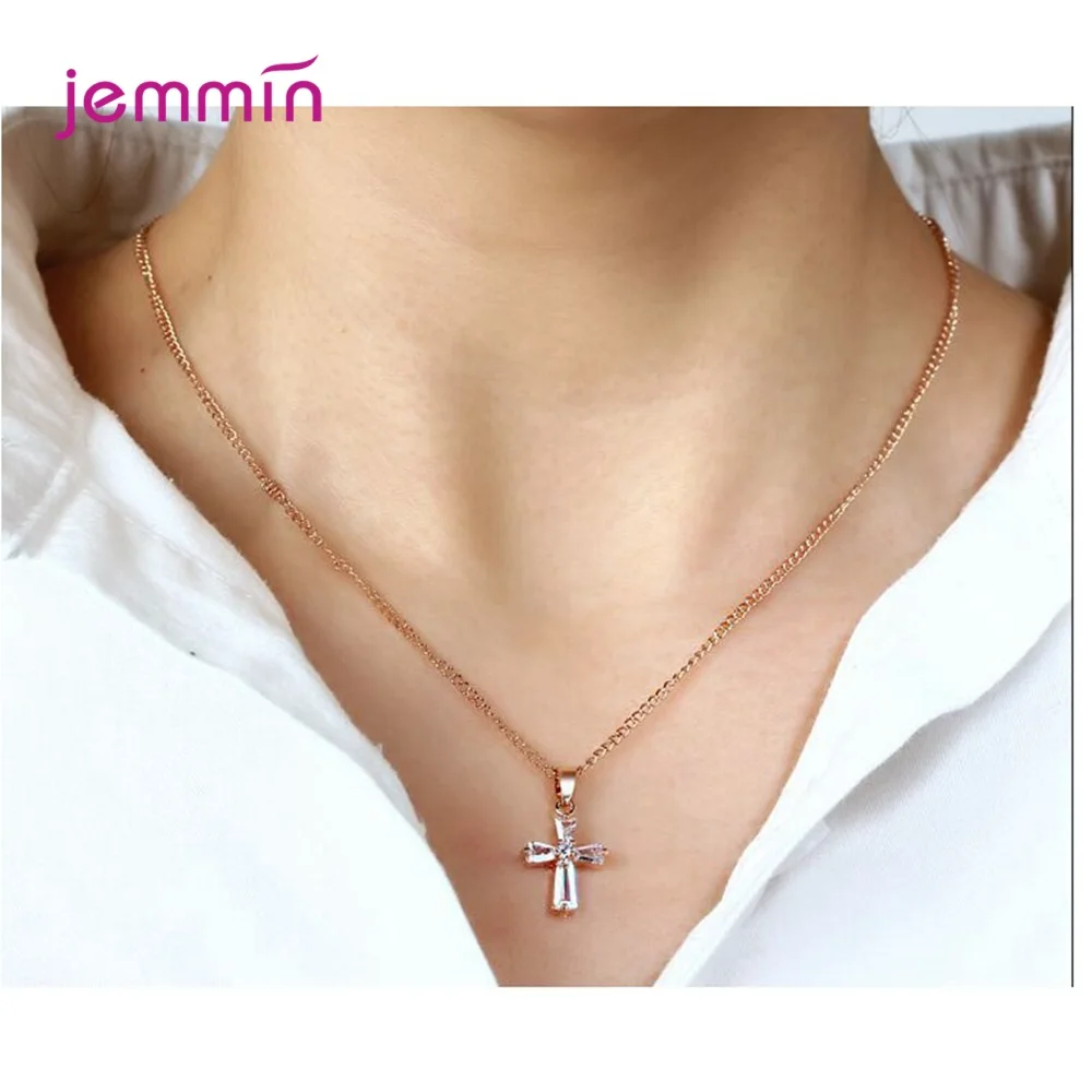 Popular 925 Sterling Silver Necklace Simple Clear Cubic Zircon Inlay Paved Cross Pendant/Chain Religious Style Hip Hop Jewelry | Украшения