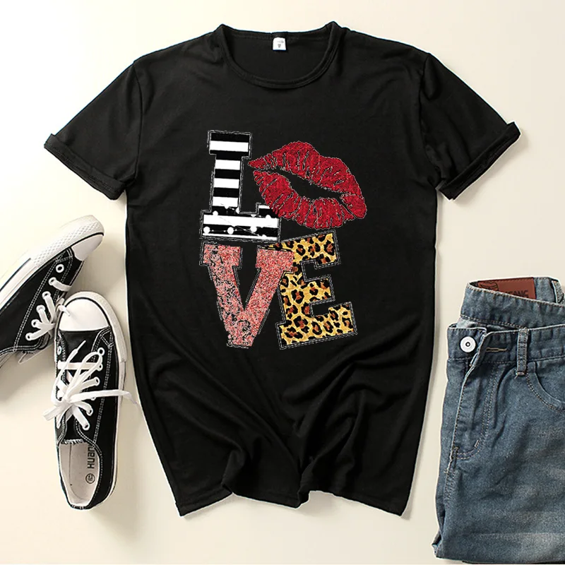 

Love Plaid Leopard Letter Print Women T Shirt Short Sleeve O Neck Loose Women Tshirt Ladies Tee Shirt Clothes Camisetas Mujer