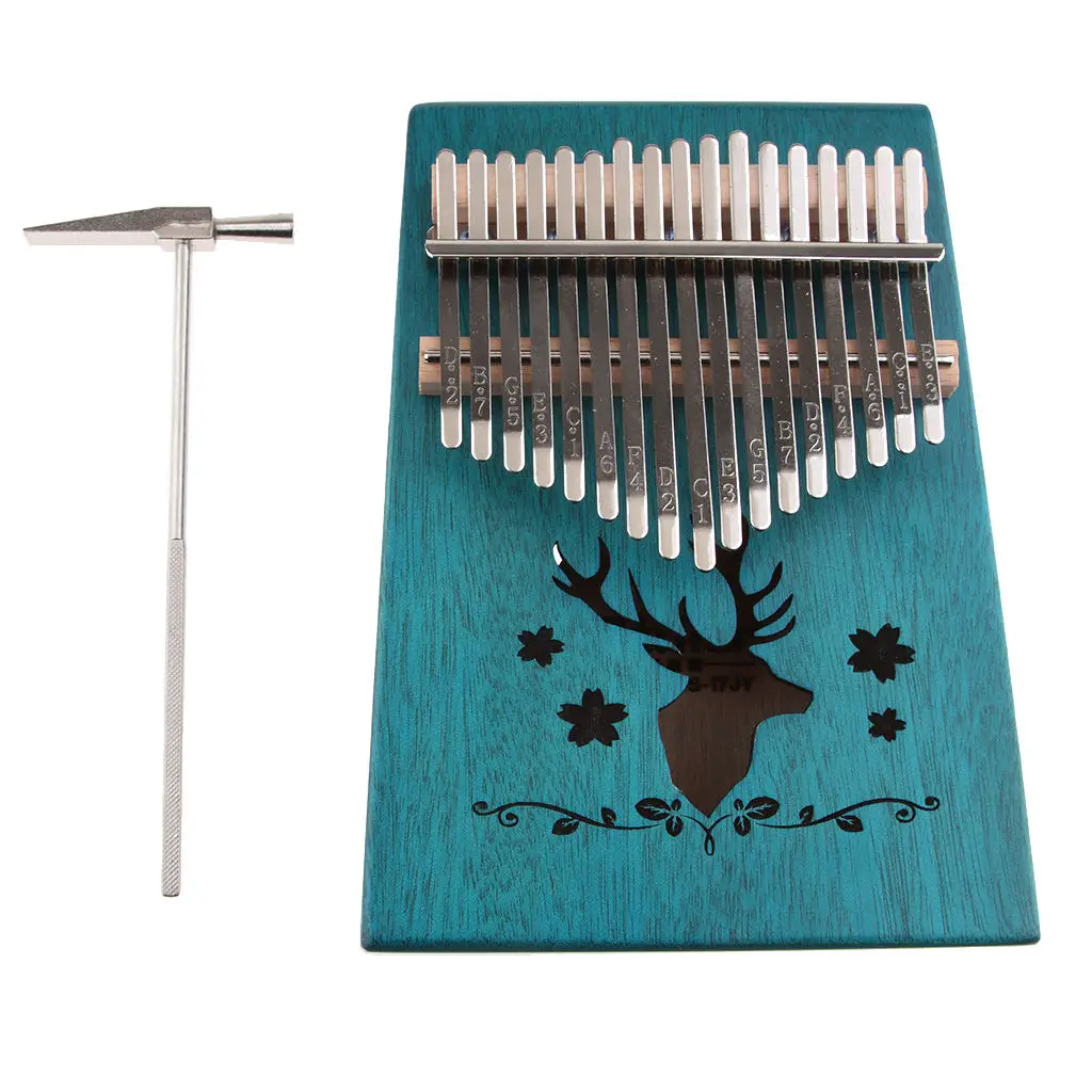 

17 Keys Kalimba Thumb Piano, Single Board Professional Finger Piano with Tune Hammer Blue Deer Home Decoration