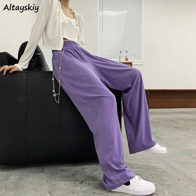 

Casual Pants Women Solid Loose Wide Leg Trousers Elastic Waist Female Mopping All-match Students Simple Ulzzang Streetwear Chic