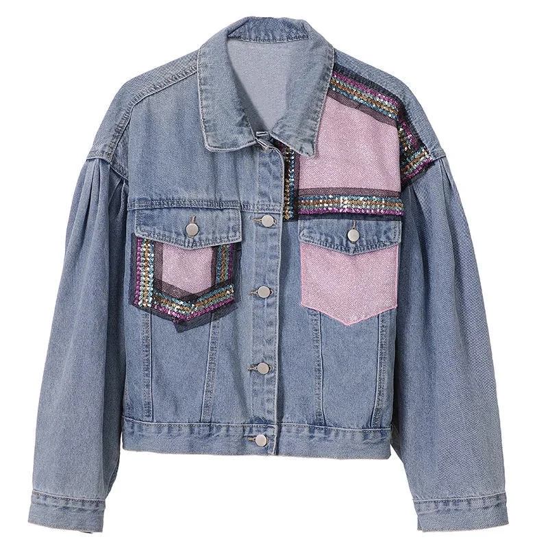 

Hot Denim Jacket New New Female Sequins Loose Heavy Industry Retro Hong Kong-Style Ladies Temperament Tops Spring Short Tops
