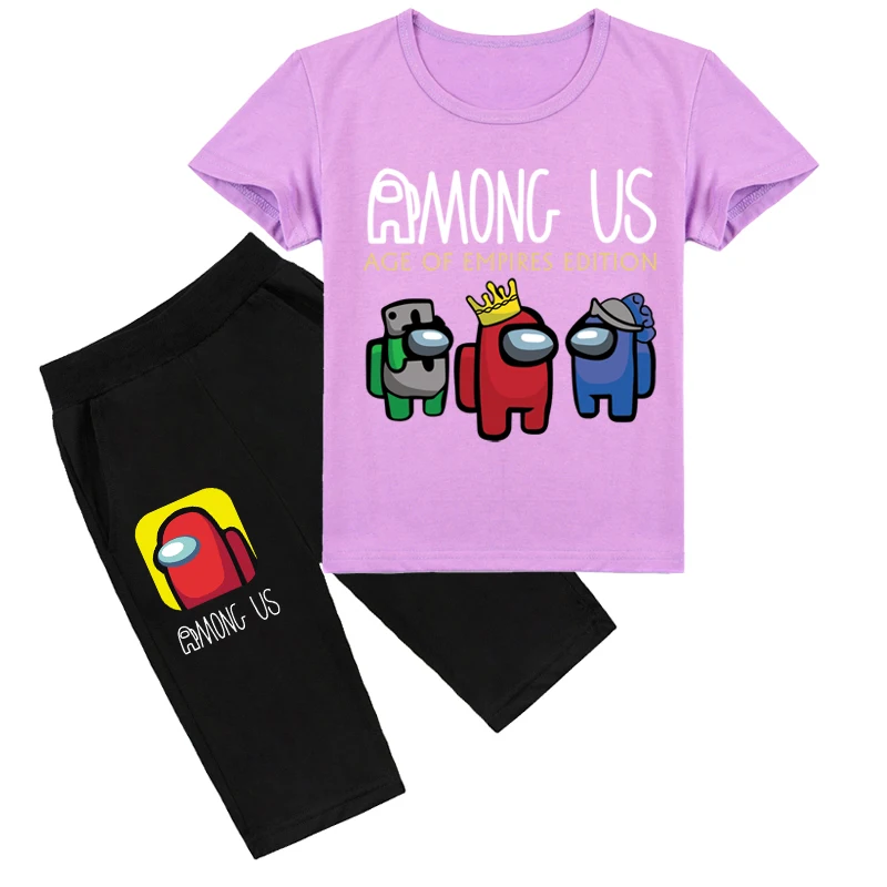 

2021 New Style Children's Among Us Impostor Graphic Printed Short Sleeved Short Pants Set Boy Girl Tees Casual T Shirt Set