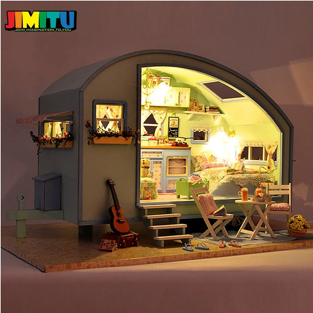 JIMITU Cuteroom DIY деревянный кукольный домик Миниатюрный комплект для кукольного дома светодиодный+ музыка+ Голосовое управление комплекты ручной работы туристический фургон для девочек