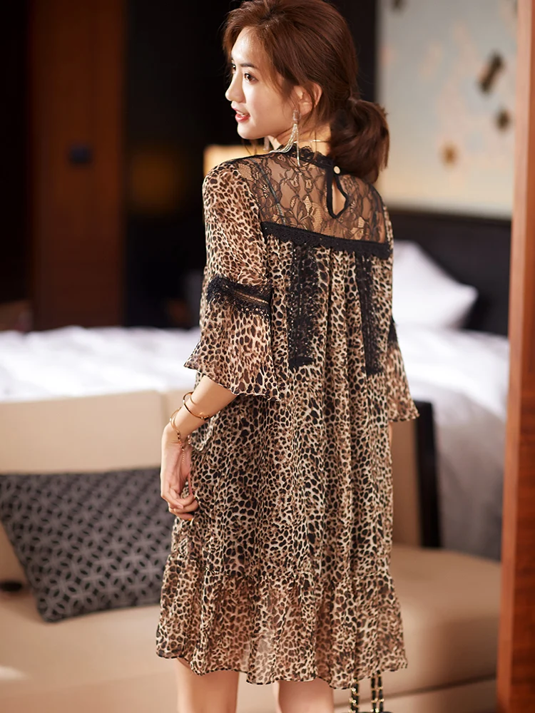 2020 summer fake two-piece lace stitching loose leopard print chiffon mid-length dress round neck temperament | Женская одежда
