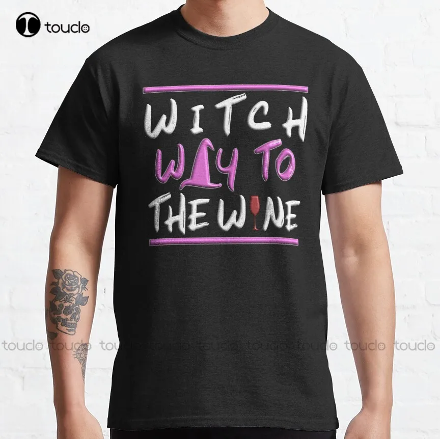 

Классическая мужская футболка Witch Way To The Wine - Funny на Хэллоуин, индивидуальная футболка с цифровой печатью для подростков, унисекс