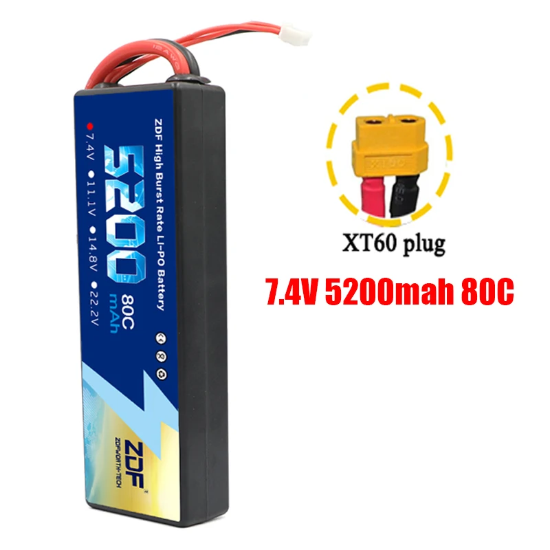 2S5200mah XT60 plug ZDF Lipo Аккумулятор 7,4 V 11,1 V 14,8 V 5200mah 6200mah Hardcase 2S 3S 4S 80C 160C 1/10 1/8 весы для Traxxas Slash 4x4 RC автомобилей лодки - Color: 2S5200mah XT60 plug