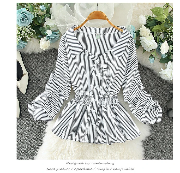 black long sleeve top stripe blouses Women chiffon long-sleeve New Tops Fashion Korean shirts Female blouse 2021Spring Autumn princess clothes V-neck satin blouse