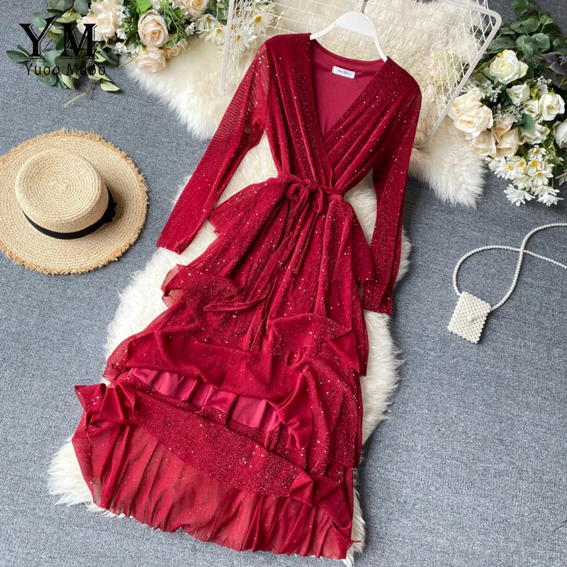 YuooMuoo шикарные красные вечерние платья Ins модное женское платье с v образным