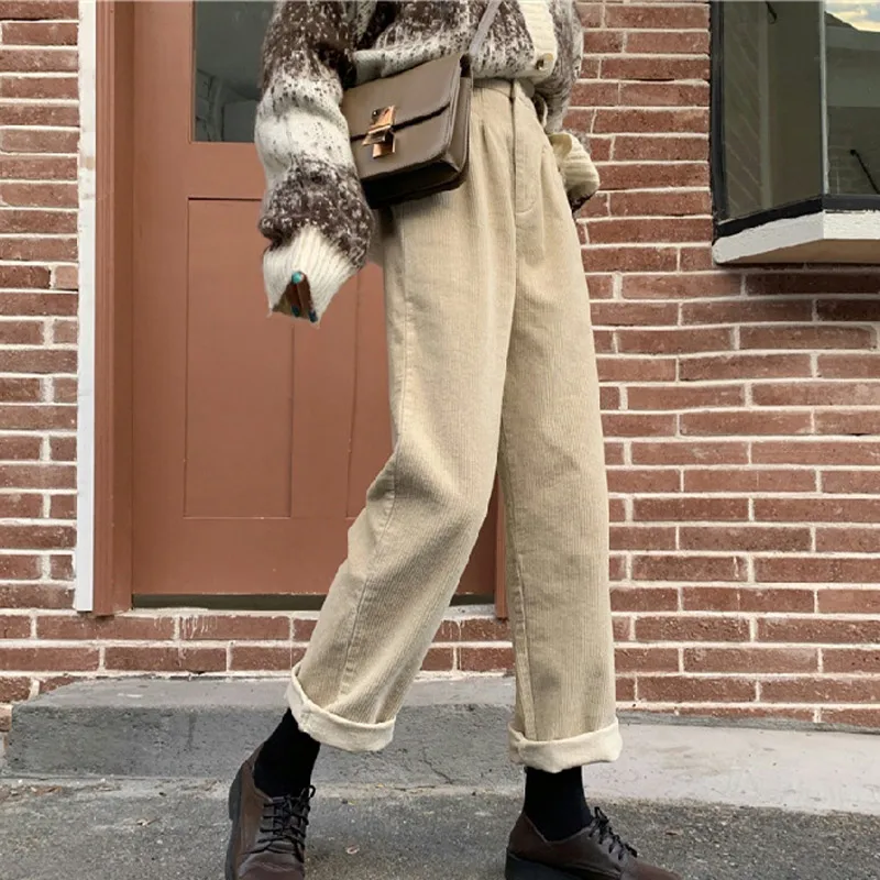 

Новинка 2022, шикарные женские прямые брюки, вельветовые повседневные широкие брюки с высокой талией, корейская мода, Весенняя однотонная жен...