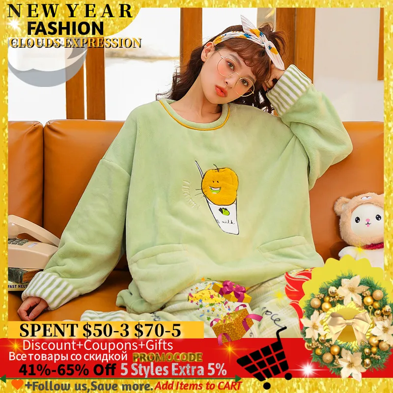 

Winter Warm Thicken Flannel Women Sleepwear Pajamas Cute Girl Cartoon Pajama Set Pullover Coral Fleece Pijamas Mujer Homewear