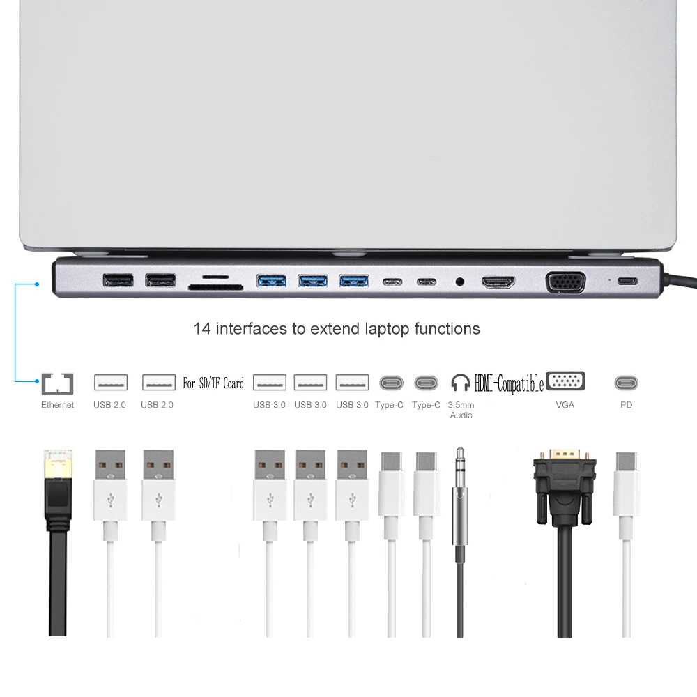 Тип C концентратор к 3,0 USB SD/устройство для считывания с tf-карт двухъядерный HDMI 4K RJ45 VGA usb-хаб для MacBook аксессуары USB разветвитель мульти концентратор USB-C концентратор - изображение