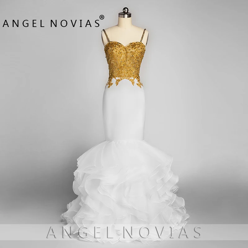 ANGEL NOVIAS длинная изящная русалка вечерние платье для выпускного вечера с бретельками гофрированные органза Vestidos Coctel Mujer