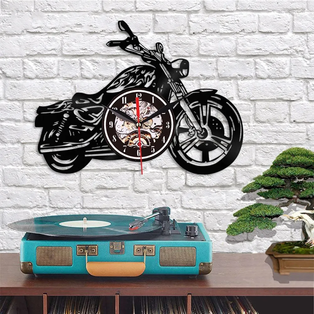 Мотоцикл Виниловая пластинка настенные часы 3D ретро Часы дом мотоцикл искусства