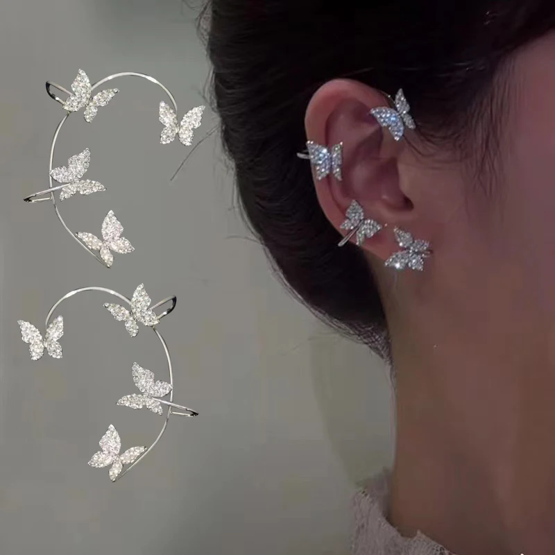 

New Fashion Shining Zircon Butterfly Ear Cuff Clip Earrings for Women Without Piercing Climber Ear Hooks Wedding Jewelry