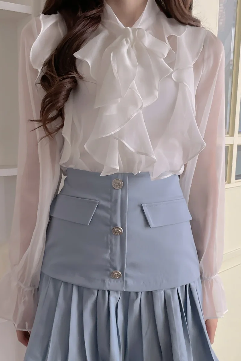 

Fashion Design Ruffled Chiffon Shirt 2021 Spring/Summer New Stylish Thin Top French Style Long Sleeve Simple Blouses for Women