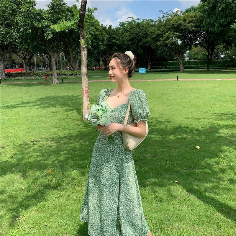

Dresses for women 2021 Small Qingxin v-neck floral dress French Split Fork Green midi dress with bubble sleeves robe femme