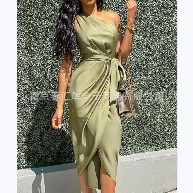 

Summer Casual Sexy Women One Shoulder Maxi Dress 2020 Fashion Sleeveless Sashes Slim Dress