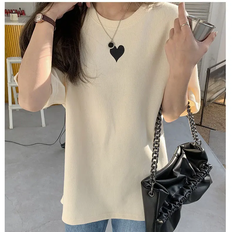 

Women's Summer T Shirt Heart Print Short Sleeve Women Casual Letter Print T-Shirts Blue Tops For Women Tees Blusa