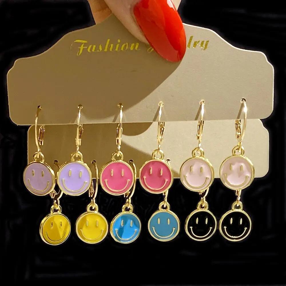 

New Color Enamel 3 Pairs Set Pendant Earrings Lady Smiley Face Pendant Round Earrings Jewelry Girl Friendship Gift