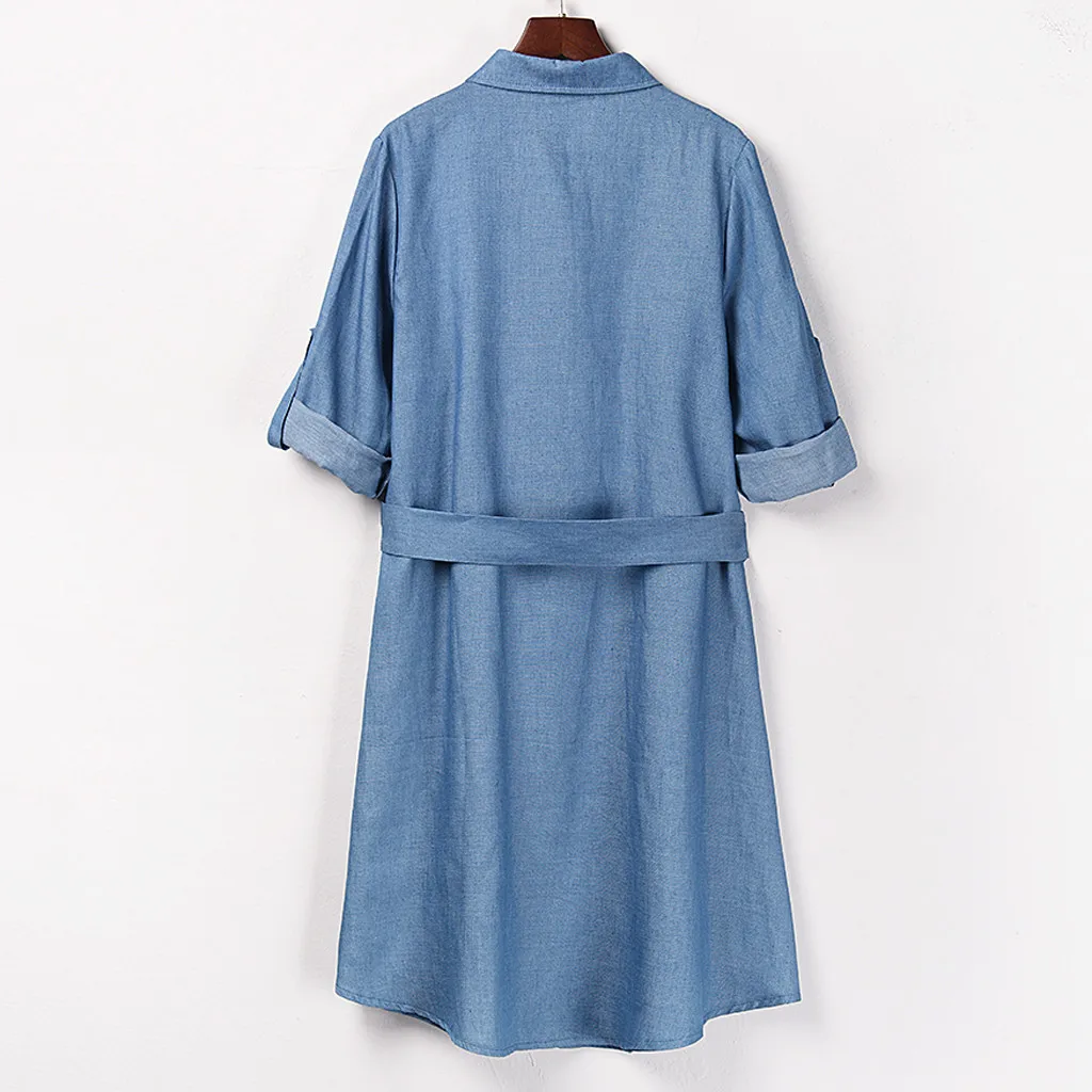 Пикантные джинсовые платья Для женщин с поясом в винтажном стиле длинным рукавом