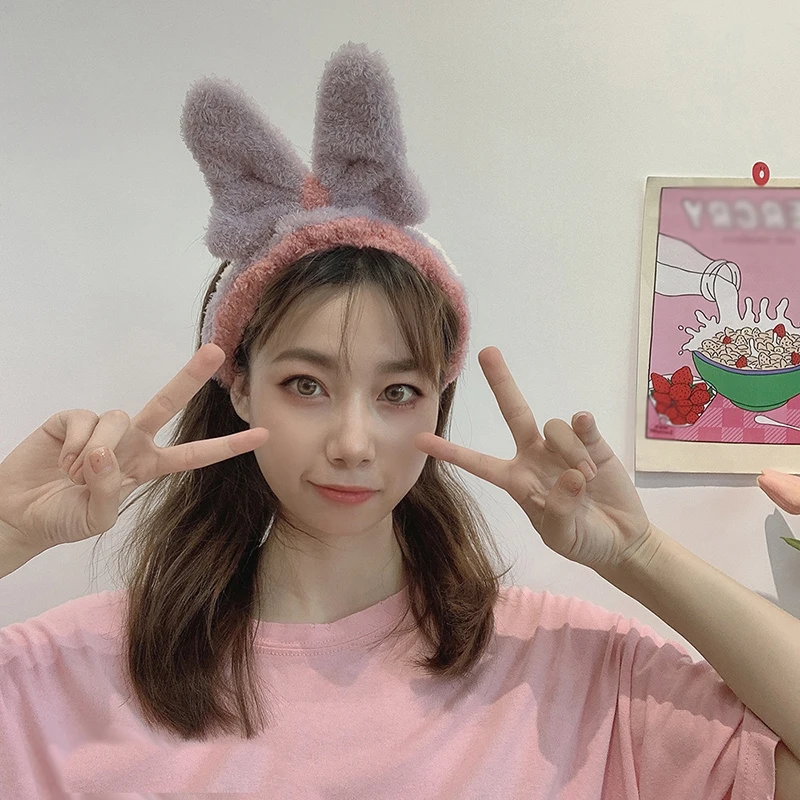 

Kawaii Wash Face Hair Holder Hairbands Soft Warm Coral Fleece Animal Ears Headband for Women Girls Turban Hair Accessories