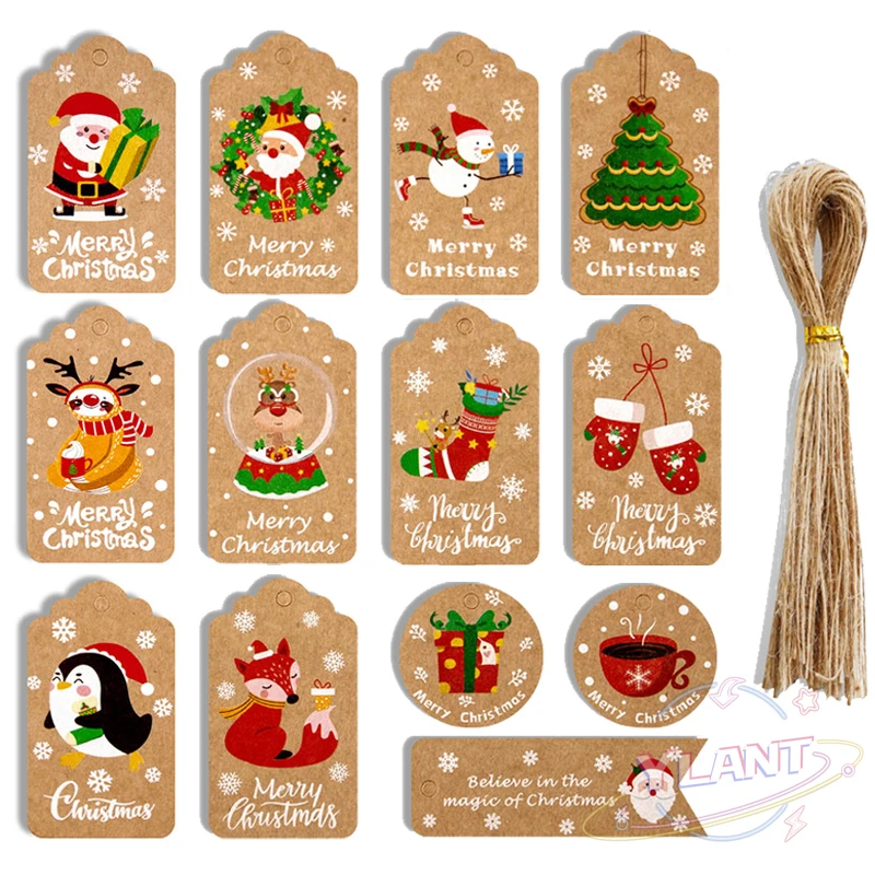 

48/50Pcs Merry Christmas Kraft Paper Tags DIY Handmade Gift Wrapping Paper Labels Santa Claus Hang Tag Ornaments New Year Decor