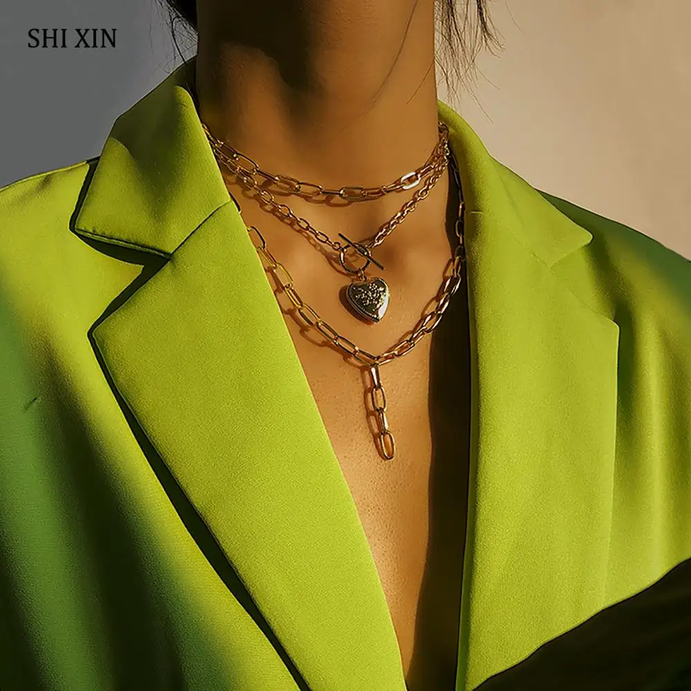 Женское многослойное ожерелье медальон SHIXIN кулон в виде сердца с массивной