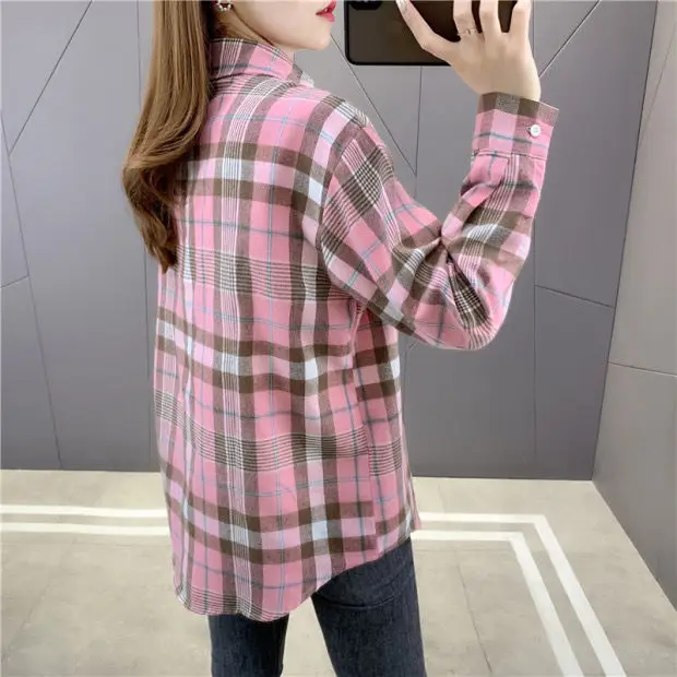 

Brushed Plaid Shirt Women's 2021 New Retro Hong Kong Style Jacket Spring Clothing Korean Style Lazy Popular Shirt