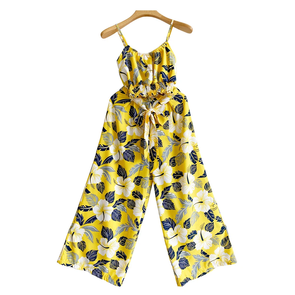 

2 Two Piece Set Women Crop Top and Long Pants Sexy Set Women Fashion Camisole Crop Top Wide Leg Pants Floral Print Set Outfit