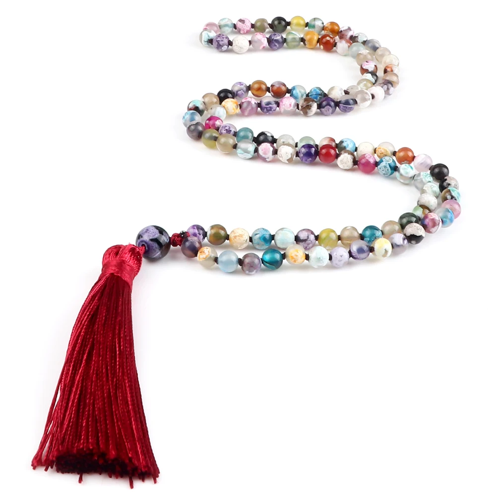 

Bohemian 6mm Natural Fire Agates Onyx Stone Beaded Necklace For Women 108 Mala Red Tassel Yoga Jewelry Tassel Lariat Necklaces