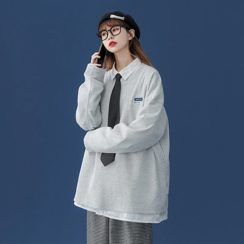 Вафельная футболка с длинным рукавом женская Свободная майка в Корейском стиле